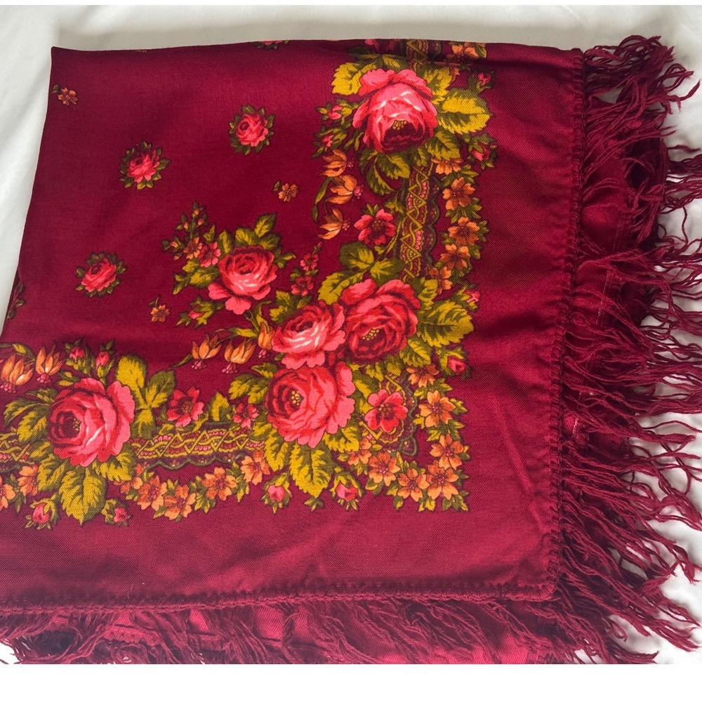 Vtg Pavlovo Posad Wool Scarf Burgundy Red Rose Floral Slavic Folk Fringed Wrap